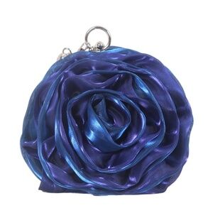 Blue Satine Rose Flower Clutch Handbag with Removeable Strap
